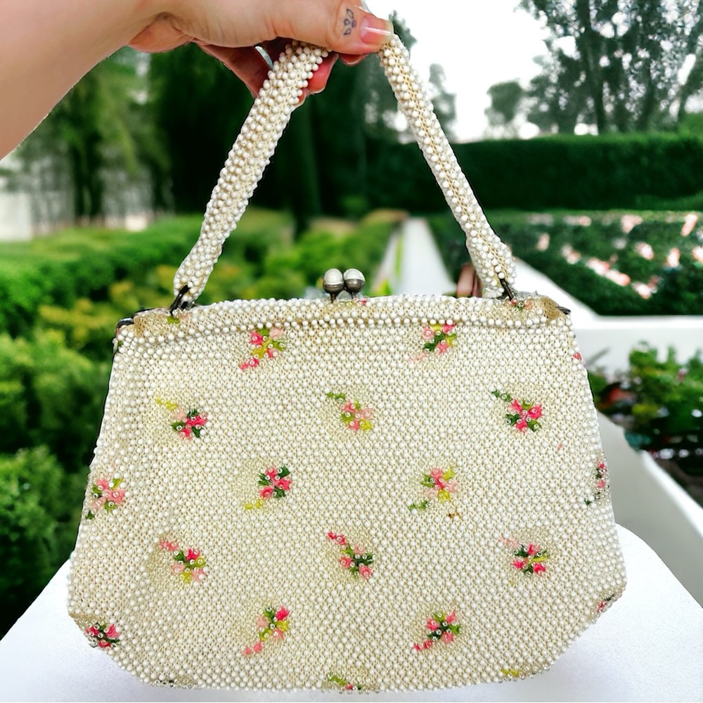 Lumured 1950s Corde Beaded Floral Embroidered Mini Bag Clutch Purse Cream Pink